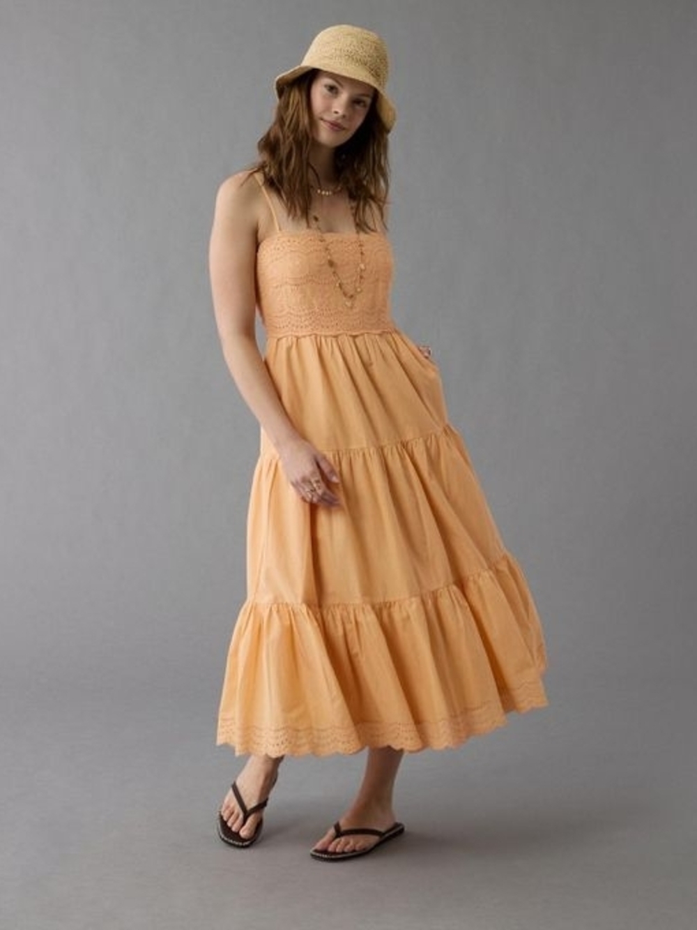 American Eagle Outfitters Peach Tiered Smocked Midi Dress